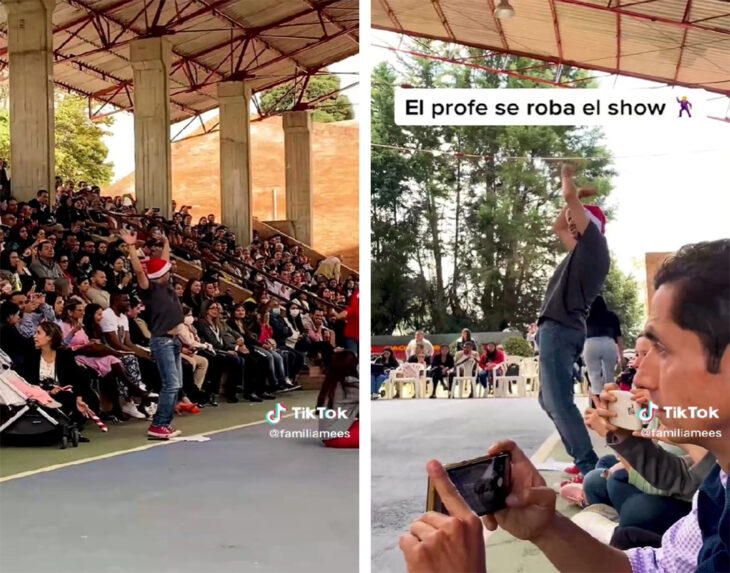 capturas de pantalla que muestran a un profesor bailando en un festival navideño de un kinder 