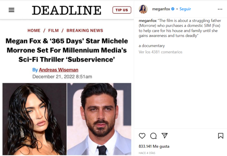 captura de pantalla de Instagram de Megan Fox con información de un periódico en inglés 