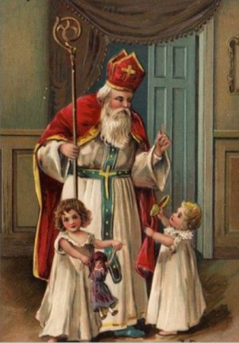imagen de San Nicolás de Bari está repartiendo juguetes a dos niñas pequeñas que están junto a él las niñas llevan muñecas en las manos