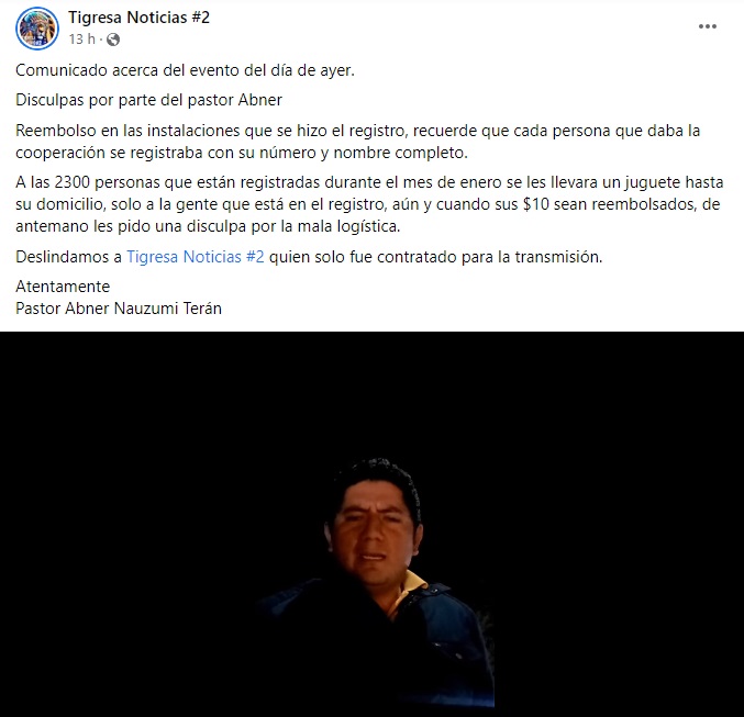 Pastor Abner Terán comunicado en facebook