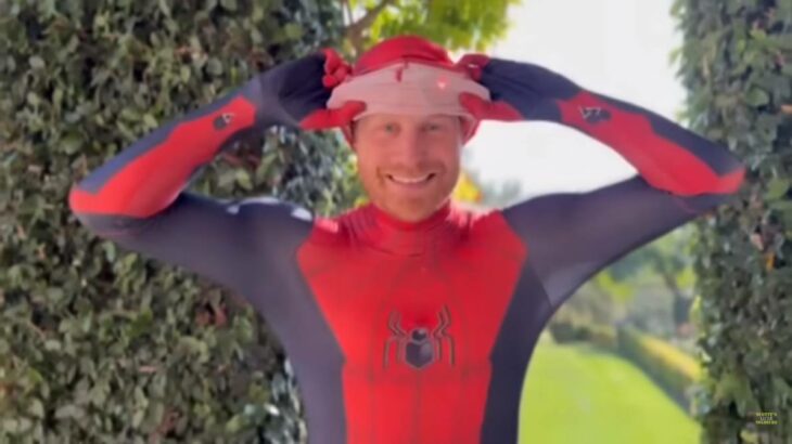 Foto del príncipe Harry vestido del hombre araña sin la máscara sonriendo a la cámara en un fondo con árboles y un verde jardín 