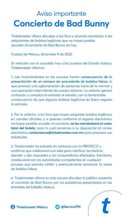 comunicado emitido por la empresa Ticketmaster sobre lo ocurrido en el concierto de Bad bunny en el Estadio Azteca de la CDMX