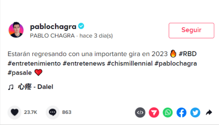 foto de captura de la red de TikTok sobre información que dio a conocer el creador de contenido Pablo Chagra