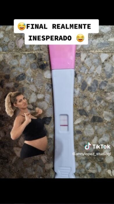 captura de pantalla de un video que muestra la prueba de embarazo positiva con el sticker de una mujer embarazada bailando