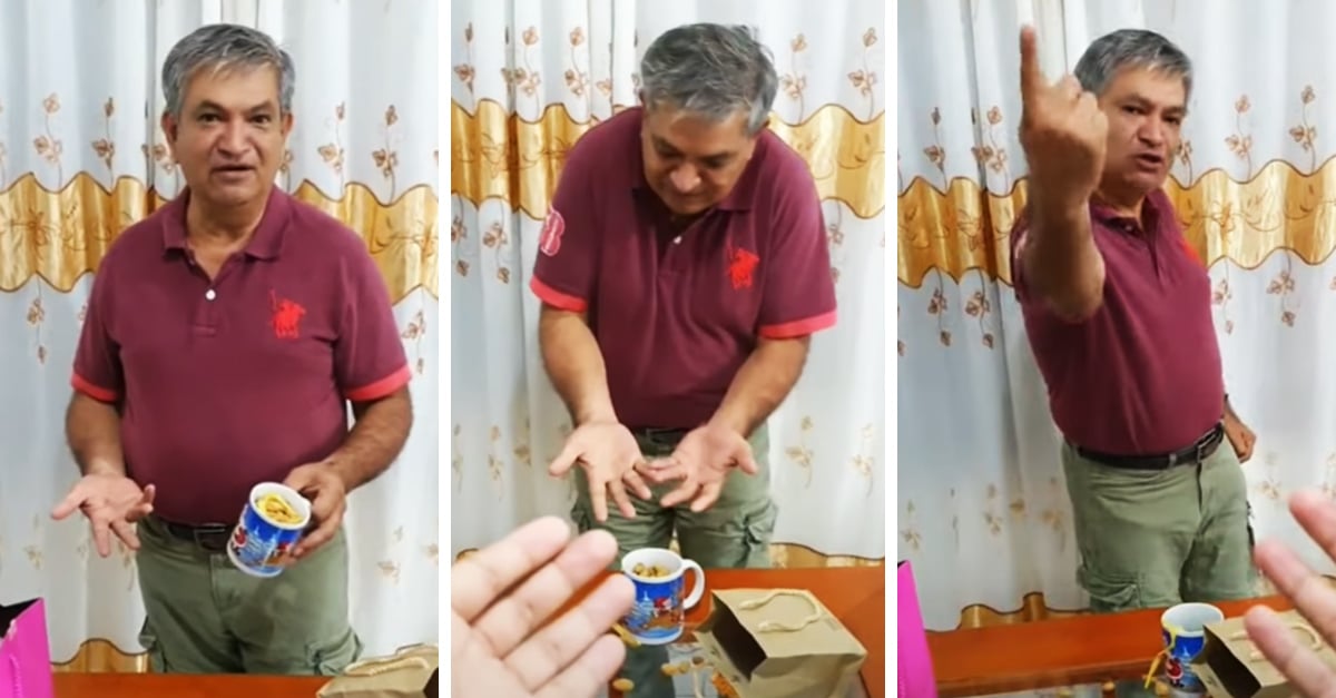 He gets upset because he is given a cup in a trade and then regrets it when he sees what he had