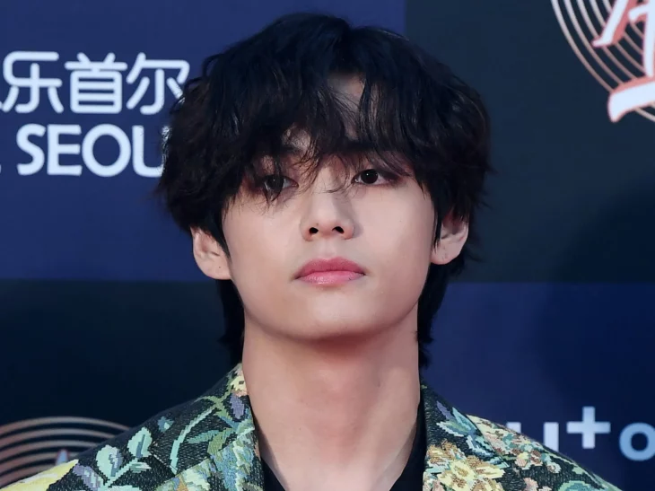 V Taehyung posa en una alfombra roja lleva el cabello negro y un saco estampado 