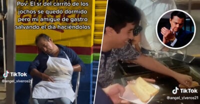Vendedor de hot-dogs se queda dormido y jóvenes lo ayudan a despachar