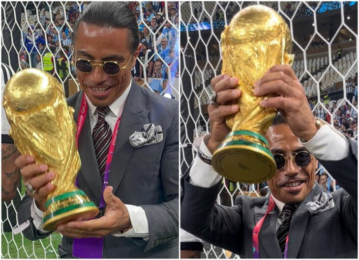 Salt Bae sosteniendo la compa del mundial Qatar 2022