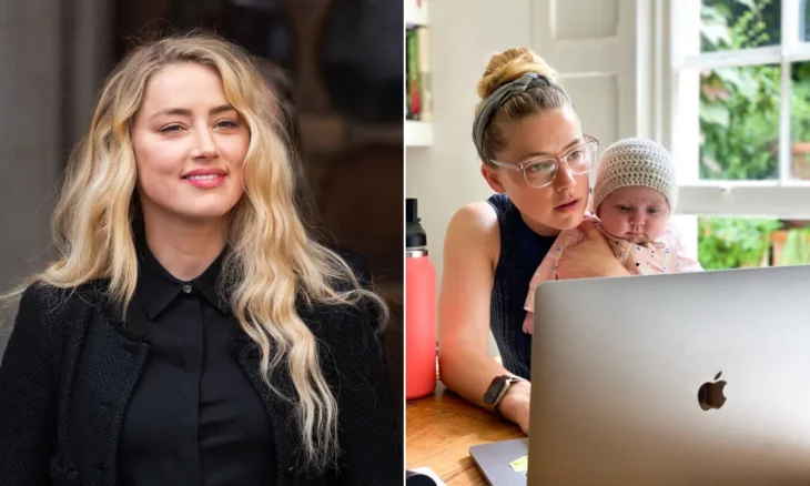 Amber Heard/Amber Heard cargando a su hija frente a una laptop