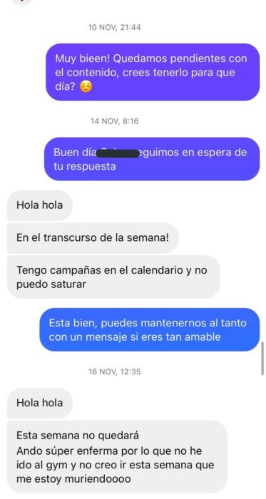 conversación de gaby bastida con tienda de ropa 