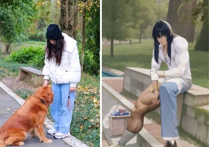 joven y perrito antes y después de filtro de manga