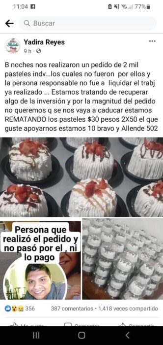 Publicación de facebook mujer hace 2000 pasteles y no los recogen