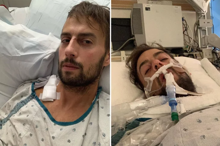 Ryan Fischer lying on a hospital gurney in intensive care 