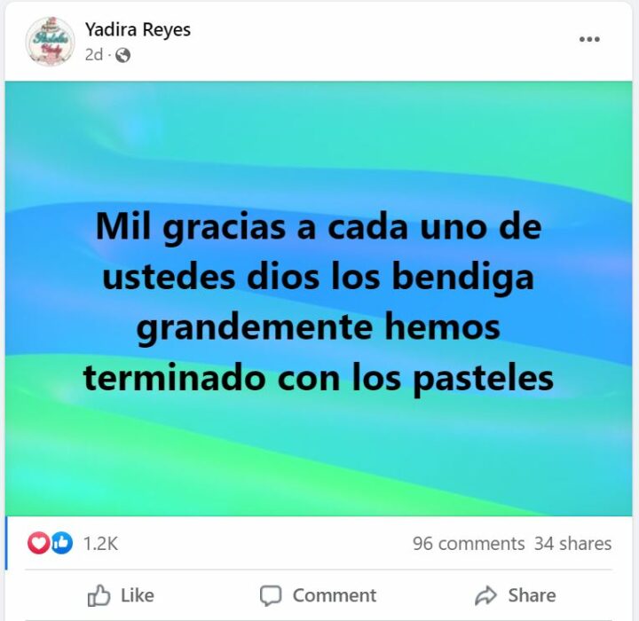 Publicación de Yadira Reyes repostera