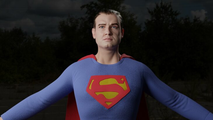 George Reeves el Superman de los 50s lleva su traje típico de superhéroe