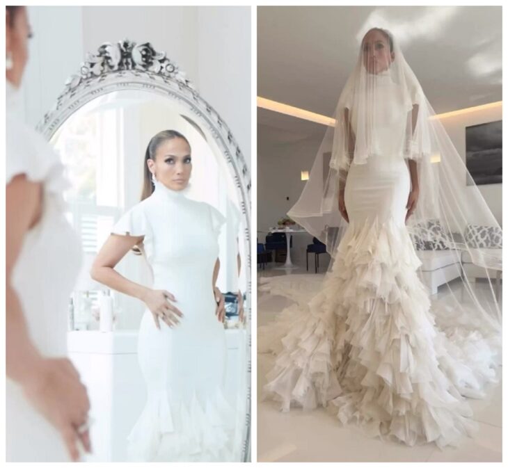 Jennifer Lopez en dos imágenes luciendo dos diferentes vestidos de novia en color blanco en una imagen está frente al espejo y en la otra tiene el rostro tapado por el velo