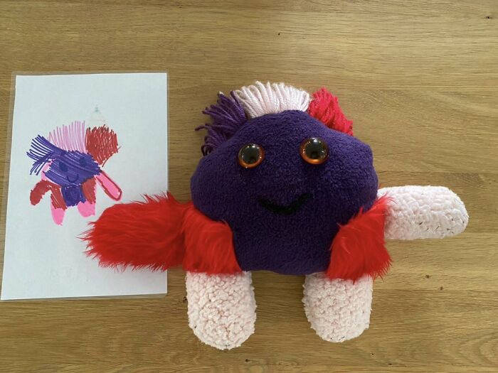 design of a stuffed spider made by a child 