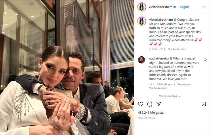 screenshot of Victoria Beckham's Instagram where she congratulates Marc Anthony