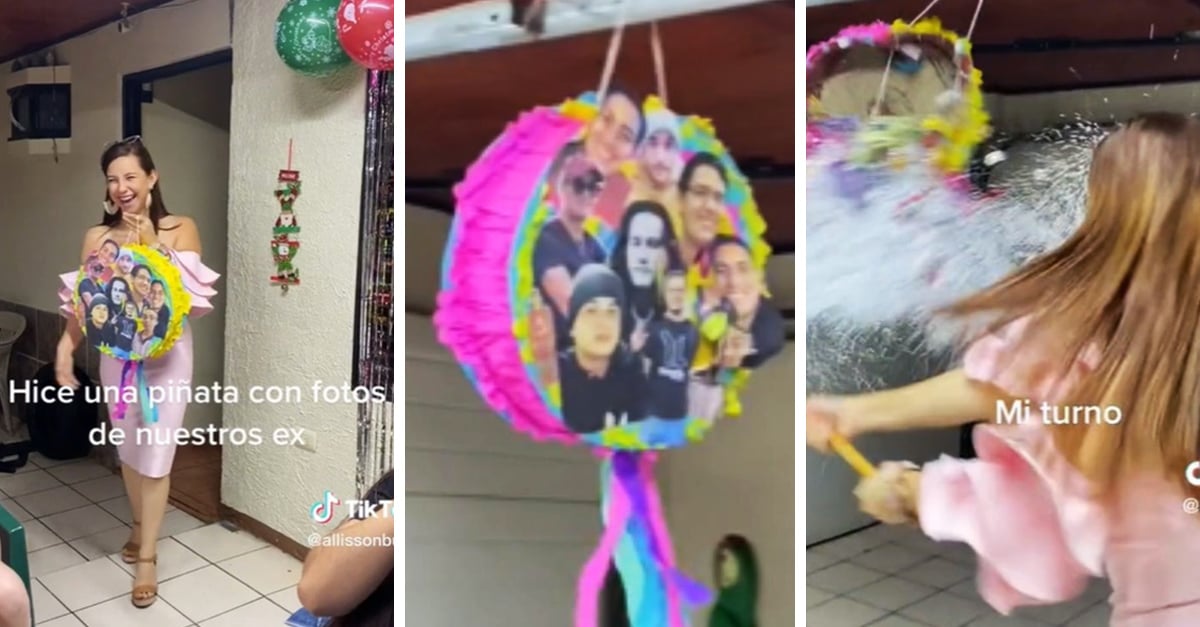 Chicas rompen la piñata decorada las caras de sus exnovios