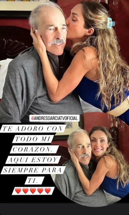 Fotografía que muestra a Anahí abrazando y dando un beso en la mejilla al actor Andrés García 