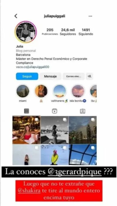captura de pantalla del perfil de la Julia Puig la mujer con la que aseguran Piqué le es infiel a Clara Chía