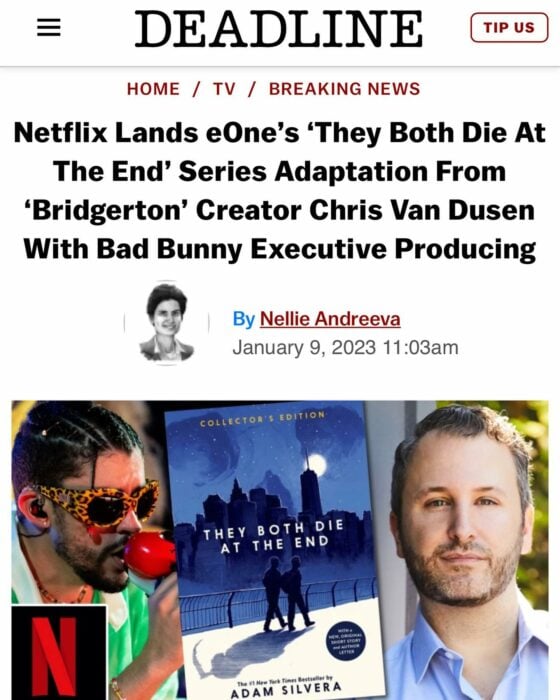 imagen que muestra un artículo del Deadline donde anuncian la noticia de la nueva serie de Bad Bunny de la mano del escritor Adam Silvera 