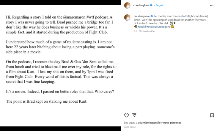 captura de pantalla de la red de Instagram donde Courtney Love emite un comunicado en inglés donde habla de Brad Pitt