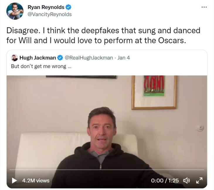 Captura de tuit de Ryan Reynolds en respuesta a Hugh Jackman que pide que no lo nominen en los premios Oscar