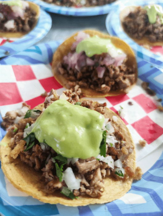 Roast tacos arranged on a plate with colored paper on the base, with vegetables and green sauce