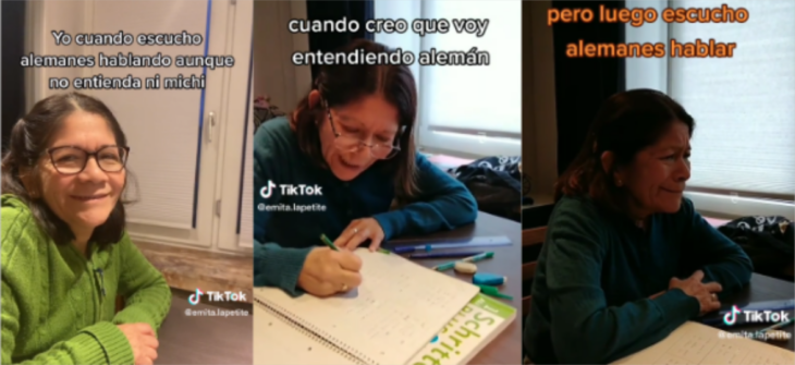 una mujer latina en tres imágenes en la primera aparece sonriendo en la segunda está estudiando un idioma en la tercera muestra cara de angustia