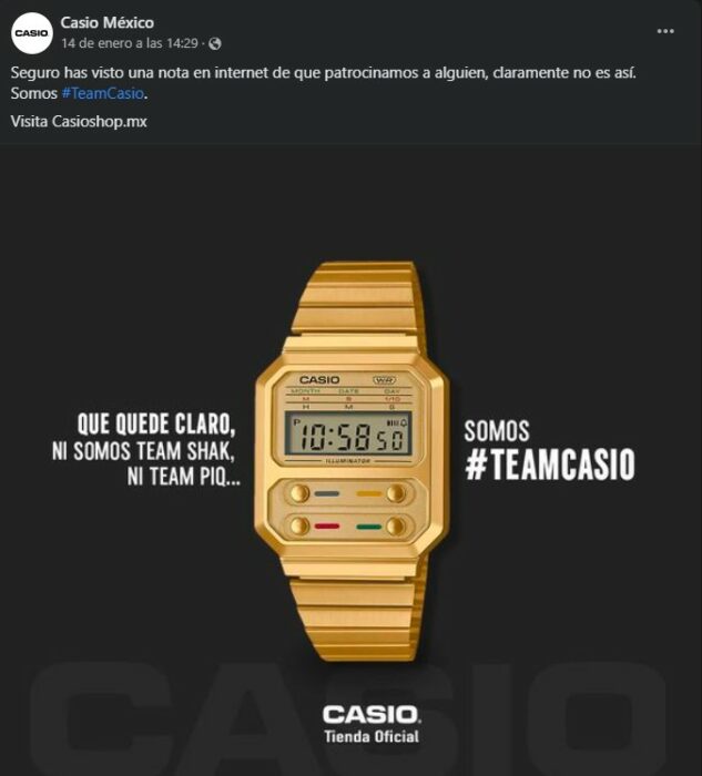 Photograph of a golden Casio watch in the middle of the phrase to make it clear, we are not Team Shak, nor are we Team Piq