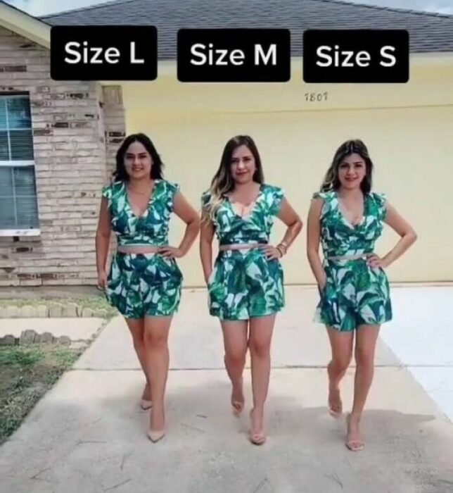 tres chicas posando a fuera de la cochera de una casa usando el mismo conjunto floreado en color verde 