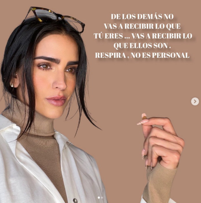 captura de pantalla de la red de Instagram donde aparece la actriz Bárbara de Regil lleva un suéter café abajo de una blusa blanca lleva el cabello recogido en una coleta baja y trae unas gafas sobre la cabeza
