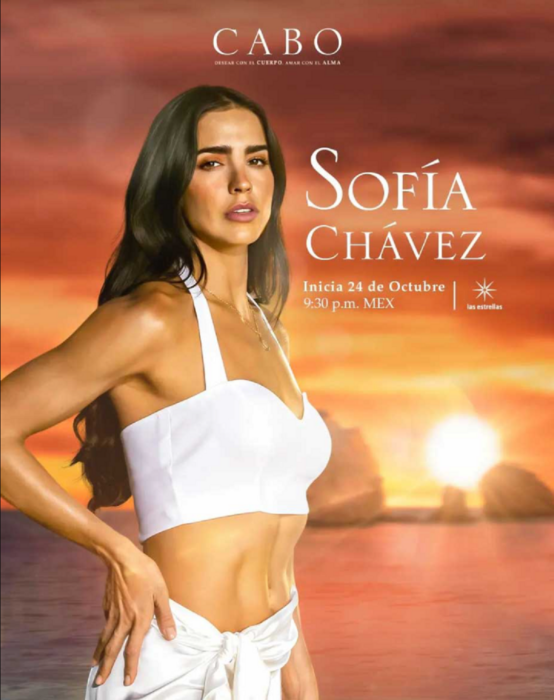la actriz Bárbara de Regil en el afiche publicitario de su novela Cabo está en una puesta de sol lleva un conjunto para la playa en color blanco lleva el cabello suelto largo negro y peinado en ondas