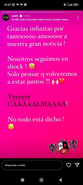 respuesta de anahí en instagram de la gira de rbd