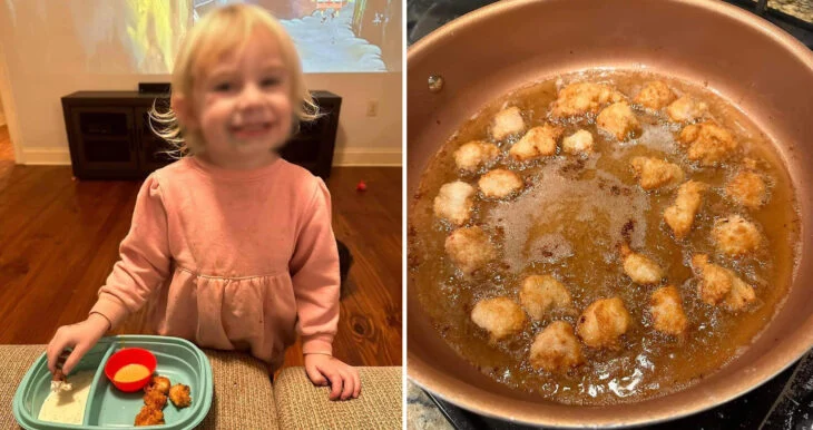 fotografías que muestran a una niña comiendo en la mesa de su casa junto a un platillo de nuggets friéndose en aceite 