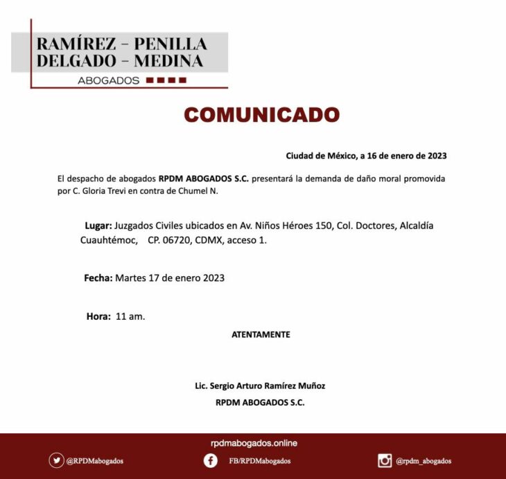 comunicado de un equipo de abogados de Gloria Trevi