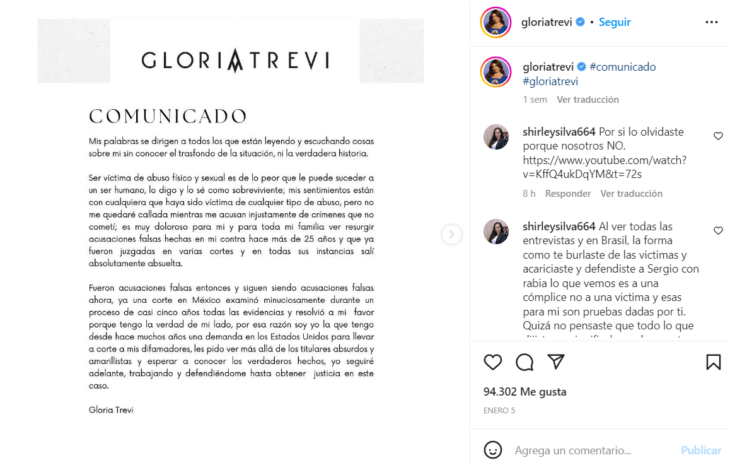 captura de pantalla de la red de Instagram donde mandó un mensaje la cantante Gloria Trevi