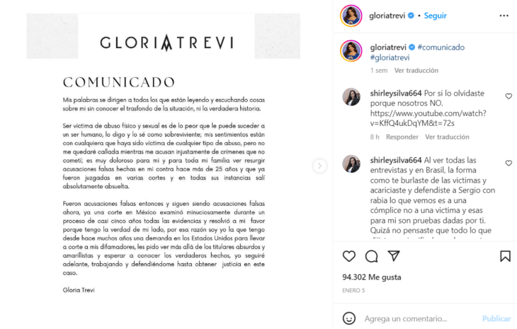 screenshot of the Instagram network where the singer Gloria Trevi sent a message