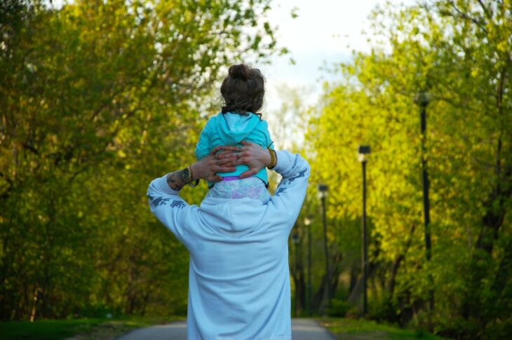 Hombre cargando a su hija sobre sus hombros mientras camina en un parque 