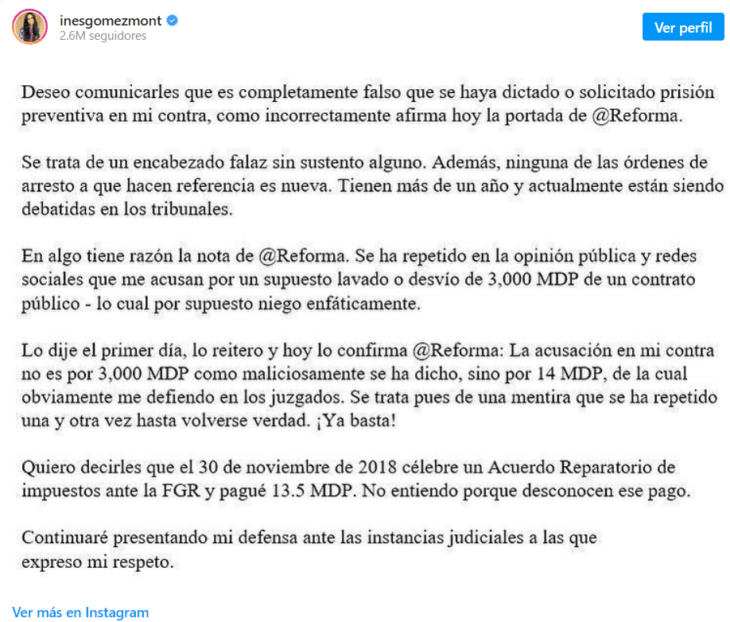 comunicado de Instagram de Inés Gómez Mont