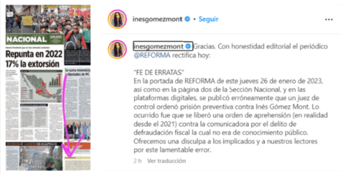 dos imágenes en una se ve una página del periódico Reforma en la otra se lee un comunicado de Inés Gómez Mont