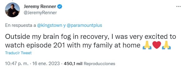 captura de pantalla de un tuit escrito por el actor Jeremy Renner con el que confirma que ya fue dado de alta 
