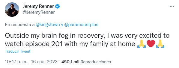 captura de pantalla de un tuit escrito por el actor Jeremy Renner con el que confirma que ya fue dado de alta 
