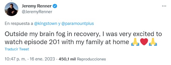 captura de pantalla de un tuit escrito por el actor Jeremy Renner con el que confirma que ya fue dado de alta 