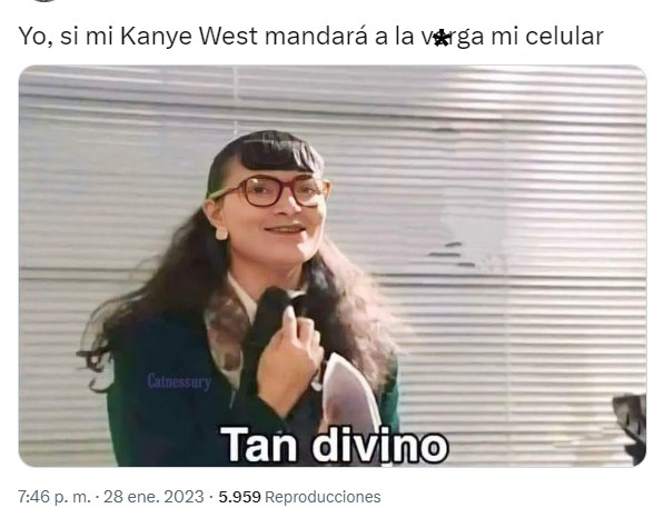 meme with Ugly Betty's face regarding Kanye West throwing away a woman's cell phone 
