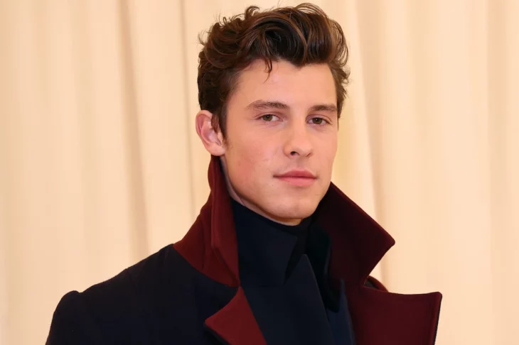 Shawn Mendes wears a jacket with a burgundy lapel and a black shirt