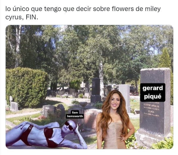 meme de Miley Cyrus y Shakira en un cementerio frente a las lápidas con los nombres de Piqué y Liam Hemsworth 