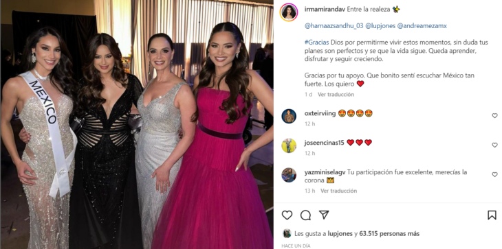 captura de pantalla de TikTok de la concursante al Miss Universo Irma Miranda representante de México junto a Lupita Jones, Andrea Meza y la ganadora del concurso en su edición 70