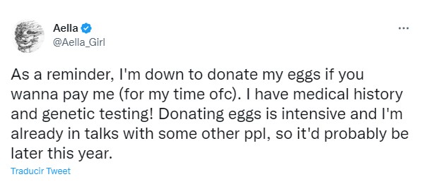 screenshot of a post on Twitter with which the OnlyFans model Aella says she will sell her eggs to see more of her beautiful genes in the world 